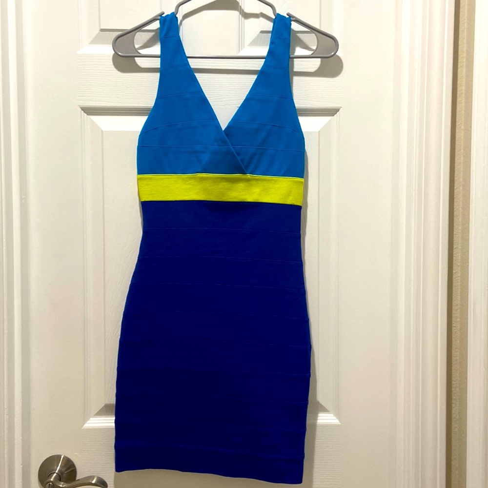 Express Color Block Bandage Bodycon Dress Royal Blue Neon Yellow Women's XS